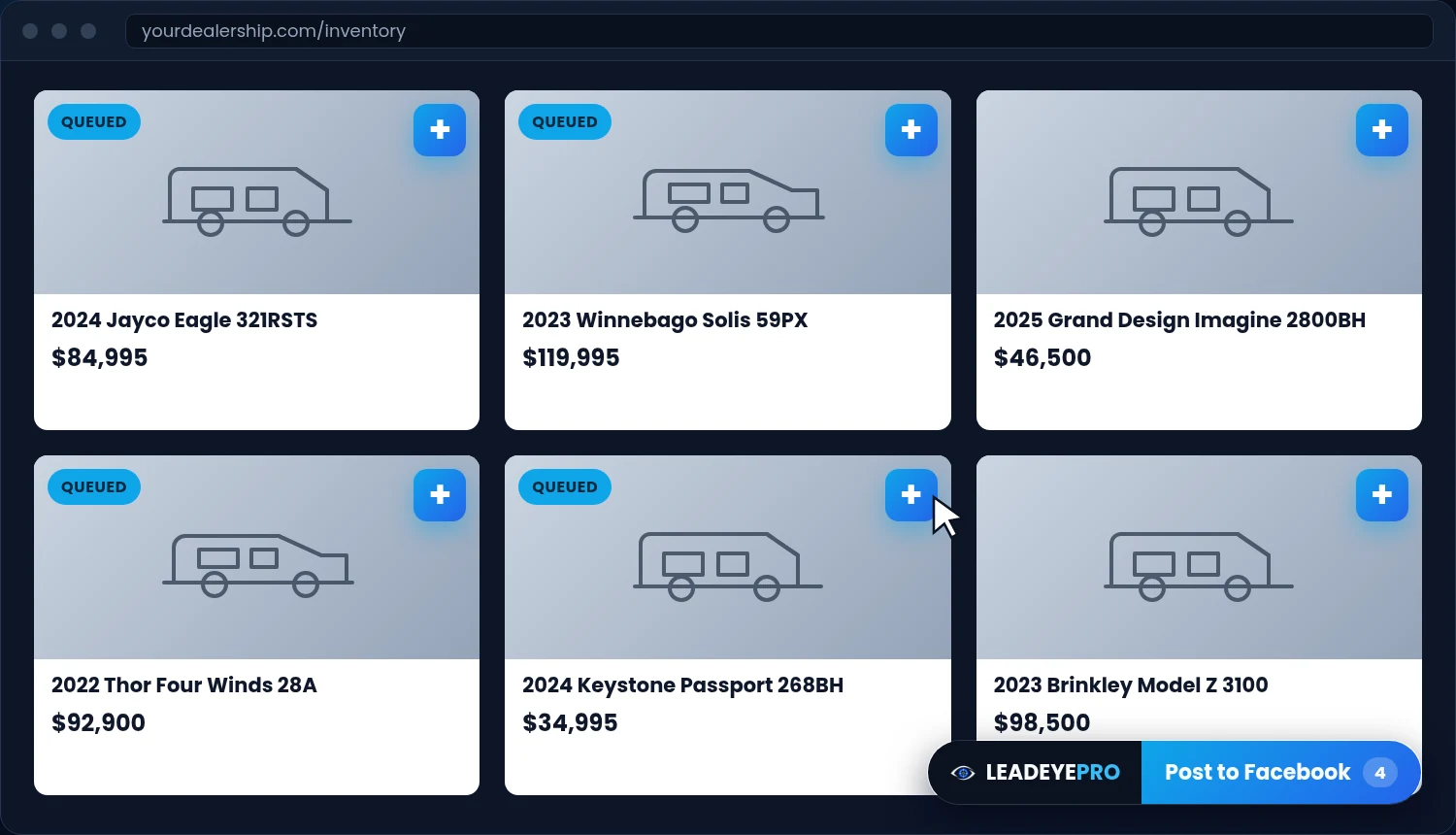 A dealership inventory page with LeadEyePro queue buttons on each unit